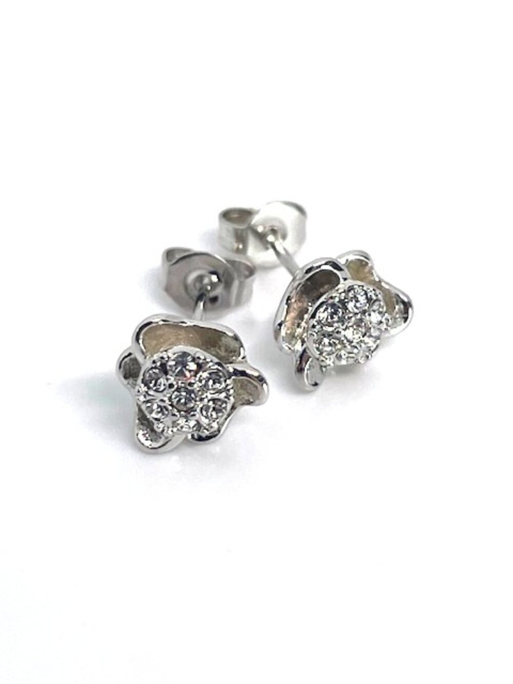 Camelia Flower Stud Earrings Rhodium Plated, made with Crystals by Swarovski